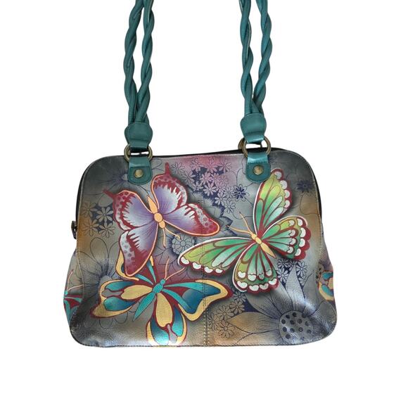 Anuschka Braided Handle Handpainted Butterfly Green Artsy Handbag Purse - Picture 1 of 12